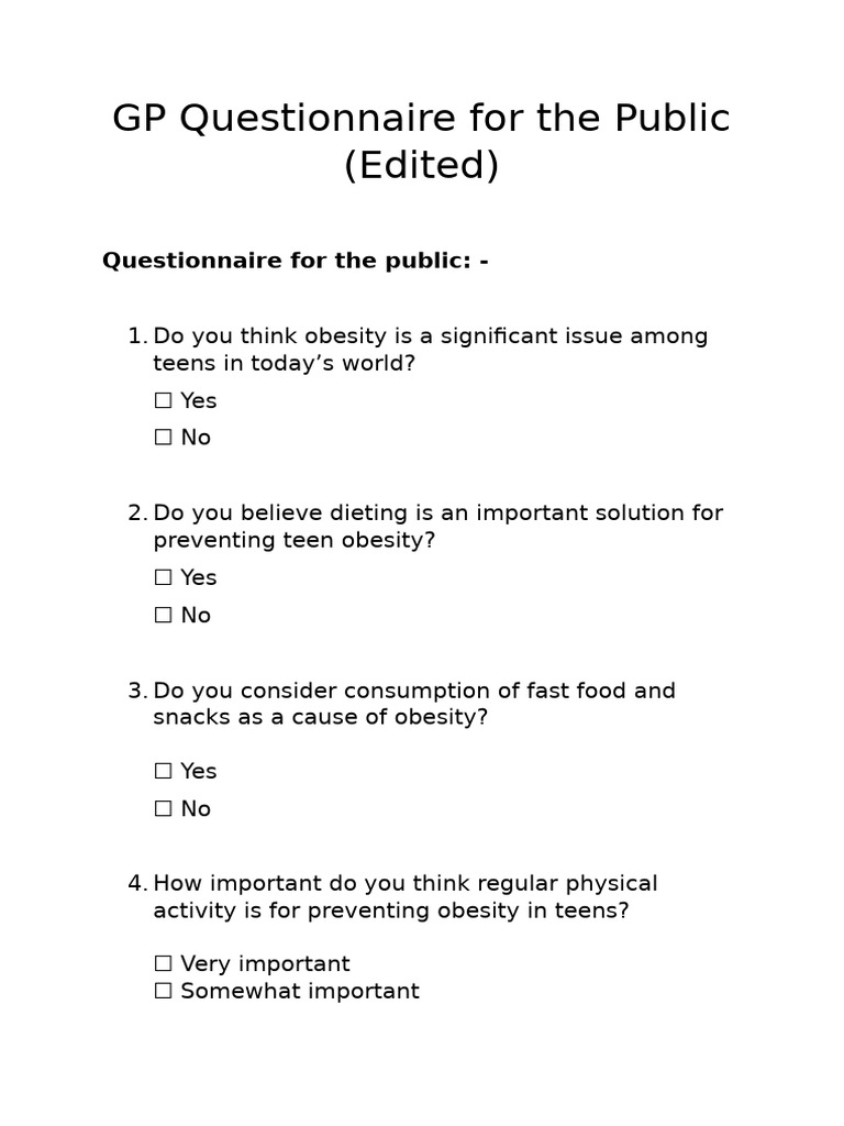 Teen Obesity Public Questionnaire | PDF