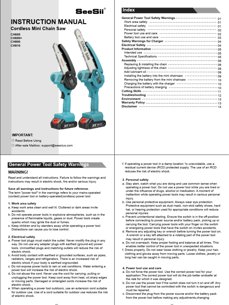Seesii Mini Chainsaw User Manual | PDF | Battery Charger | Rechargeable ...