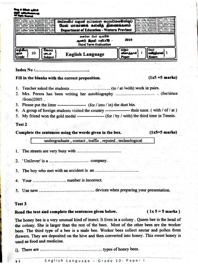 English - Grade 10 - Third Term Test 2019 - Western Province | PDF