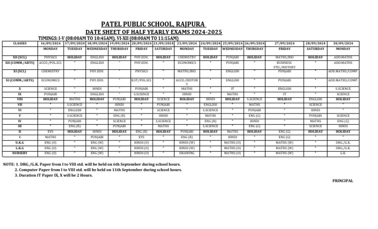 Half Yearly Datesheet 2024-2025 | PDF