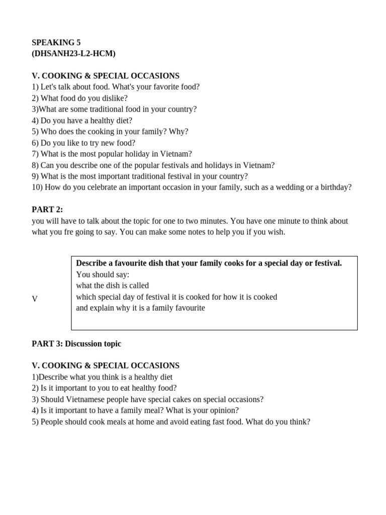 Speaking 5 - Cooking & Special Occasions | PDF