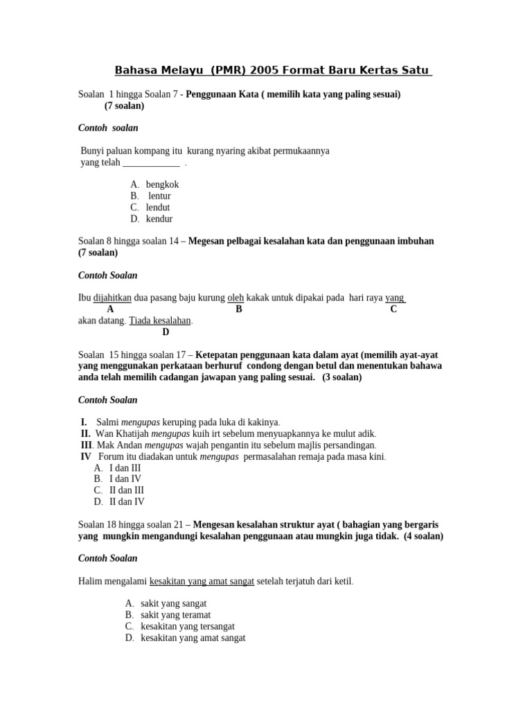 Format Baru PMR Bahasa Melayu 2005 | PDF