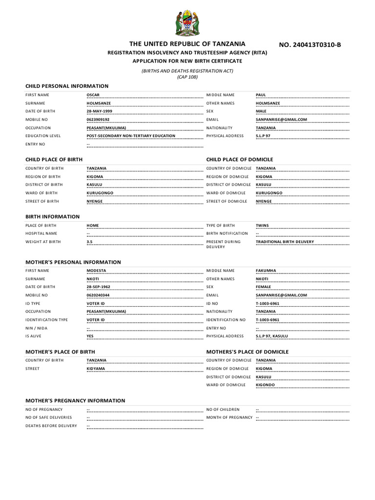 Tanzania Birth Certificate Application Form | PDF | Group Decision ...