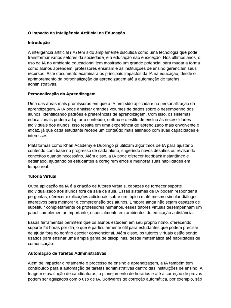 Impacto da IA na Educação Moderna | PDF | Inteligência artificial ...