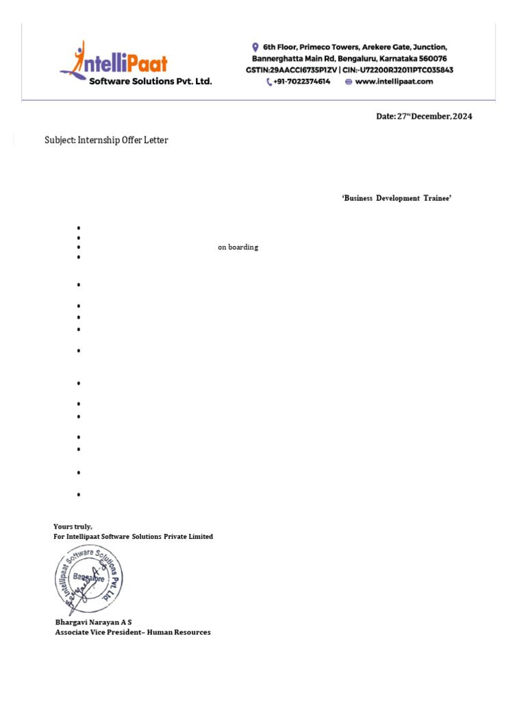 Internship Offer Letter for Business Development | PDF | Labor | Business