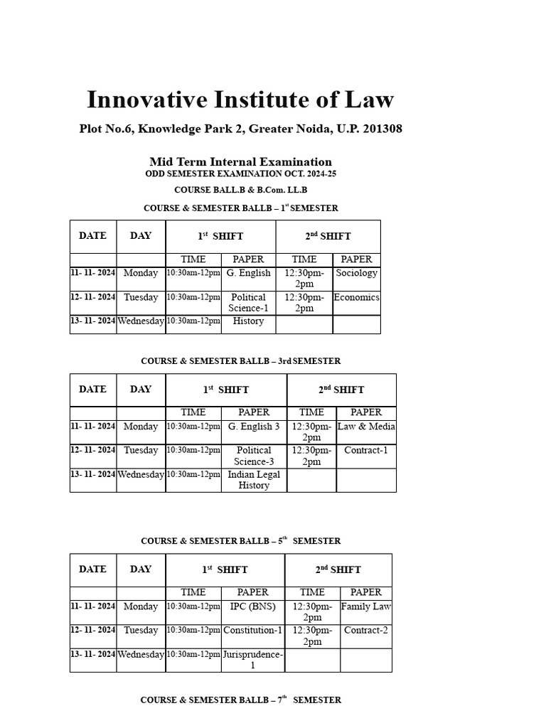 Mid Term Exam Schedule for LL.B & B.Com. LL.B | PDF | Liberal Arts ...