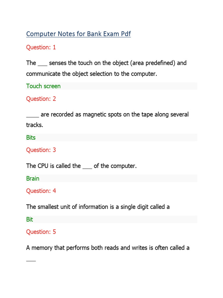 Computer Notes Bank Exams | PDF