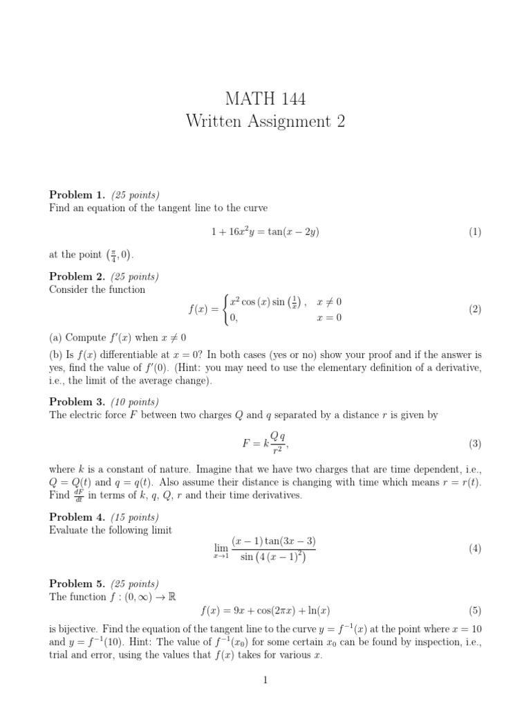 MATH 144 Tangent Lines and Limits Assignment | PDF | Tangent | Calculus