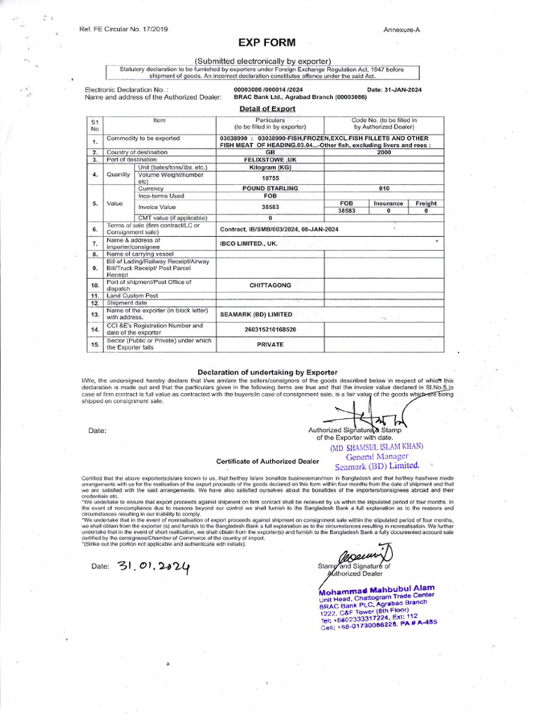 Export Declaration Form for Bangladesh | PDF