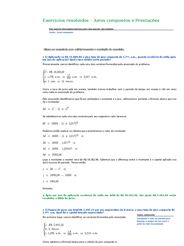 Exercícios Resolvidos: Juros Compostos | PDF | Juros | Cálculo