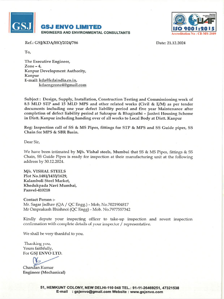 Inspection Call For SS Pipes For KDA | PDF