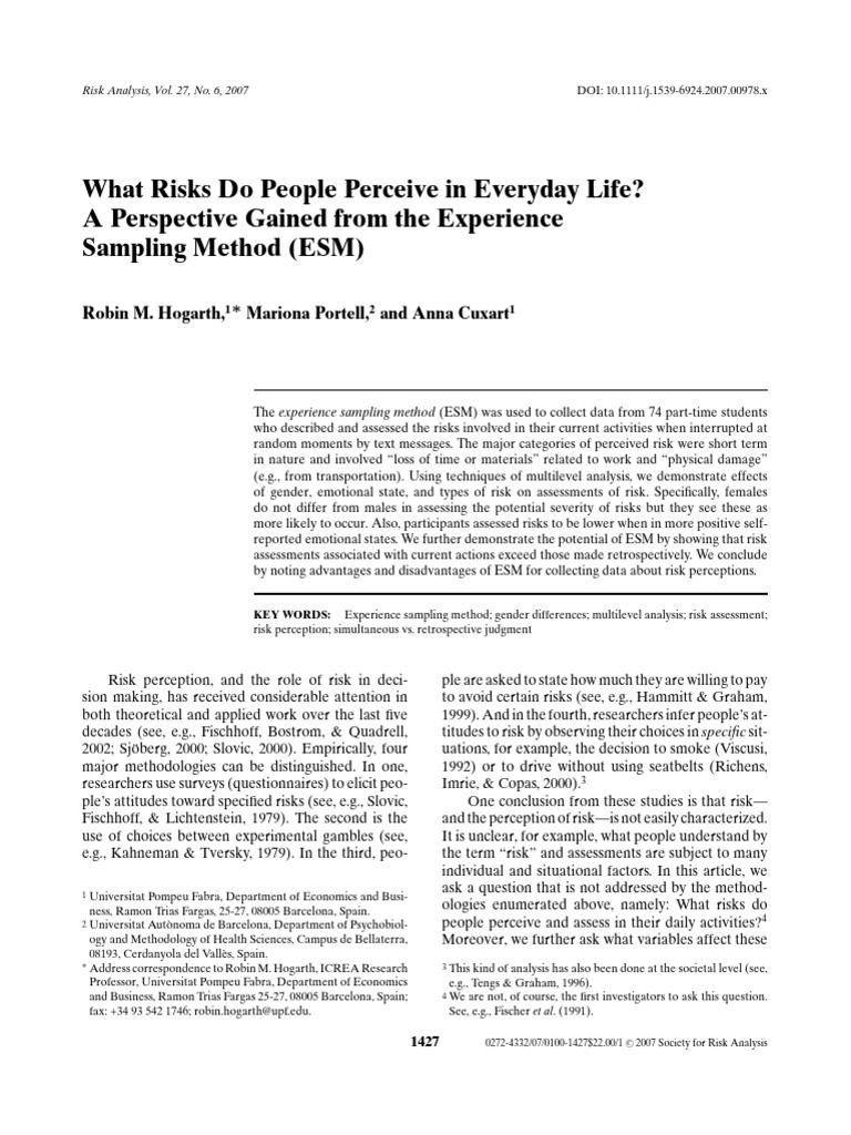 Hogarth - 2007what Risks Do People Perceive in Everyday Life | PDF