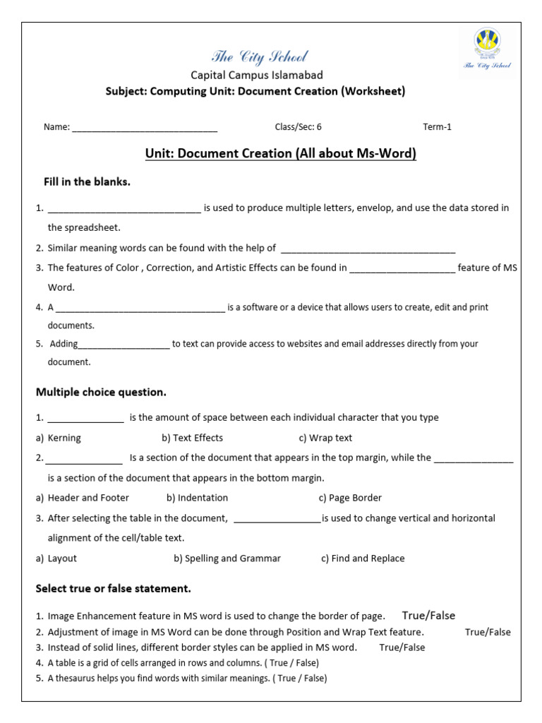 MS Word Worksheet for Class 6 | PDF | Microsoft Word | Page Layout