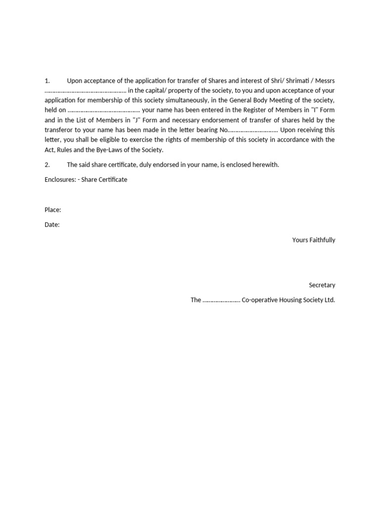 Share Transfer Confirmation Letter | PDF