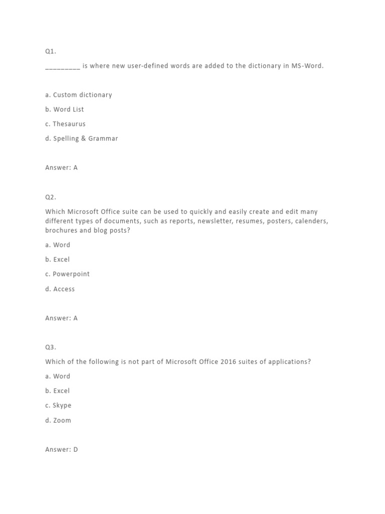 Microsoft Word Quiz Answers | PDF | Microsoft Word | Paragraph