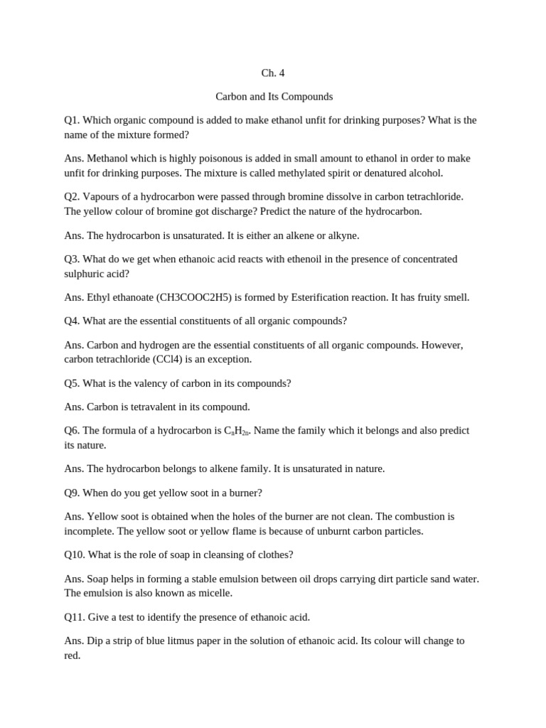 Chap. 4 Carbon and Its Compounds | PDF | Alkene | Hydrogenation