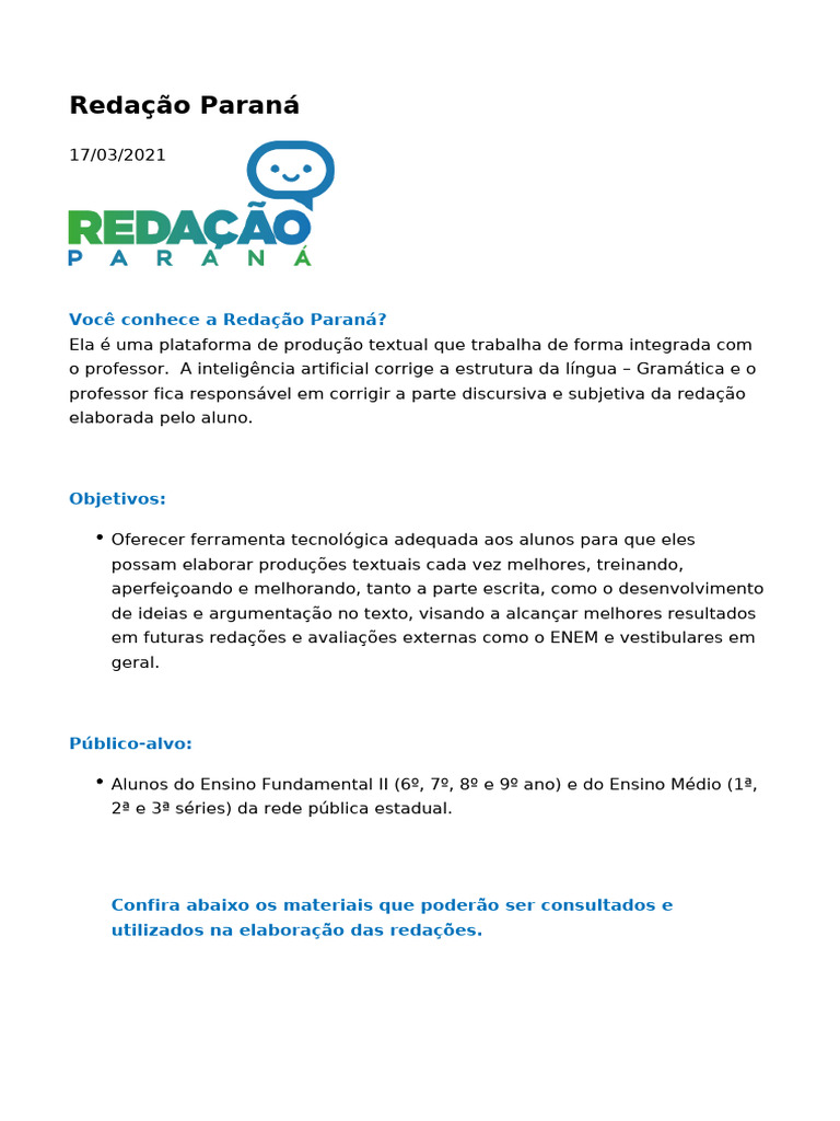 Plataforma Redação Paraná para Alunos | PDF