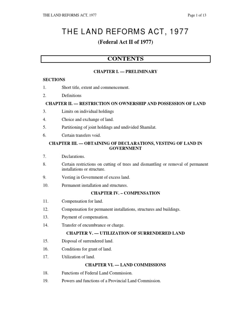Land Reforms Act, 1977 Federal Government Of The United States Real