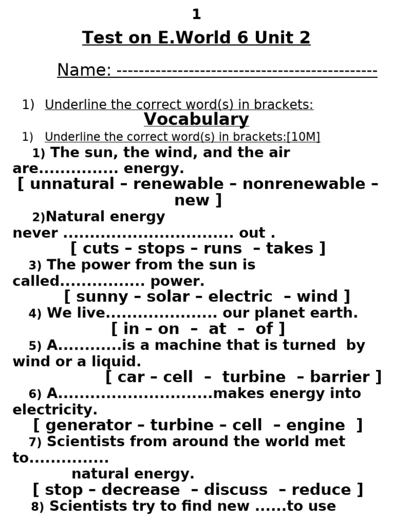 Test On E World 6 Unit 2 | PDF