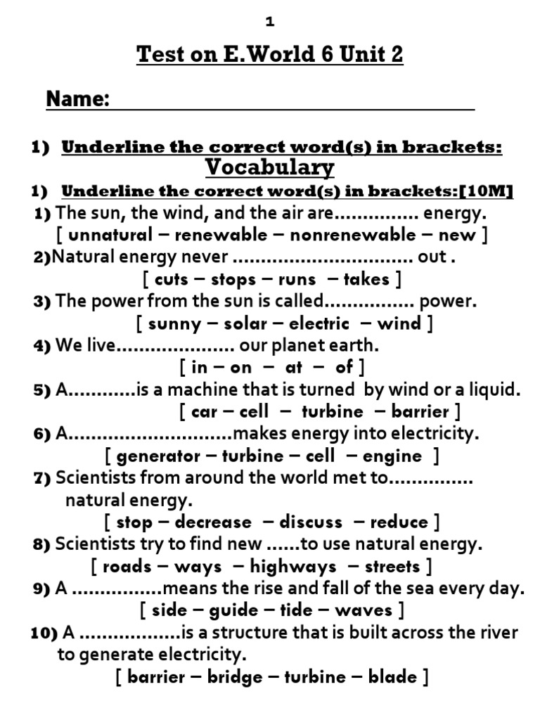 E.World 6 Unit 2 Test: Vocabulary & Grammar | PDF