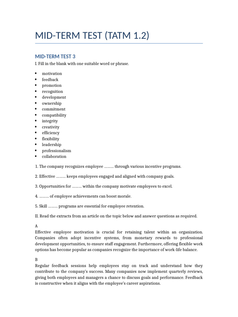 Mid-Term Test Full Sets Format | PDF | Motivation | Motivational
