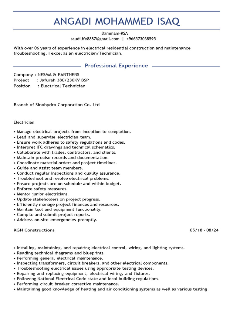 Isaq Electrical Technician Updated CV | PDF | Electrician | Electricity
