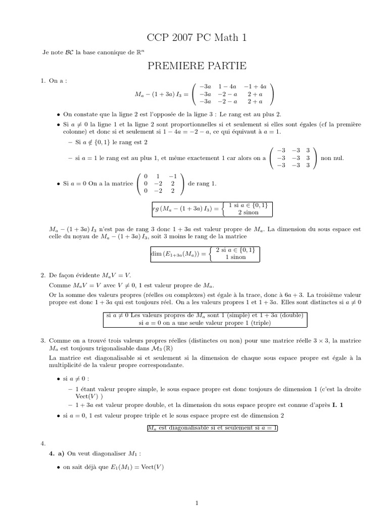 Corrigé CCP 2007 Math 1 | PDF | Valeur propre, vecteur propre et espace ...