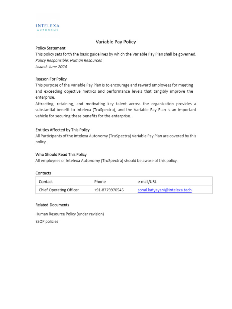 Intelexa - Variable Pay Policy Statement - Rev2 | PDF | Performance ...