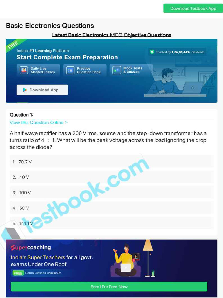 MCQ On Basic Electronics 5eea6a0939140f30f369da28 | PDF