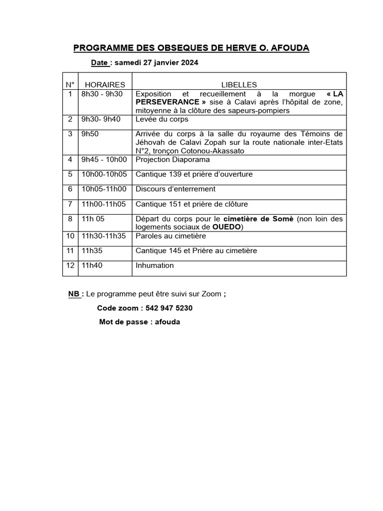 Programme Des Obseques de Herve O. Afouda 1 | PDF