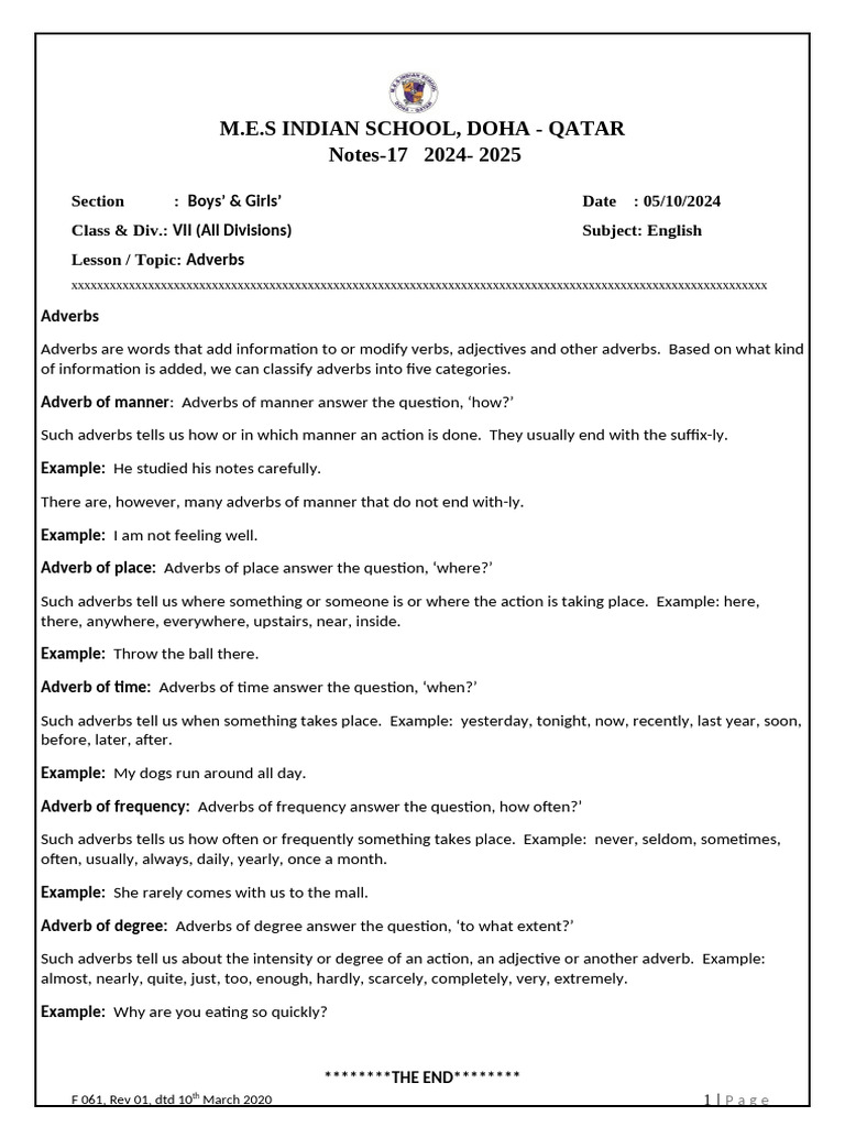 Cl-7 Eng Notes - Adverbs | PDF