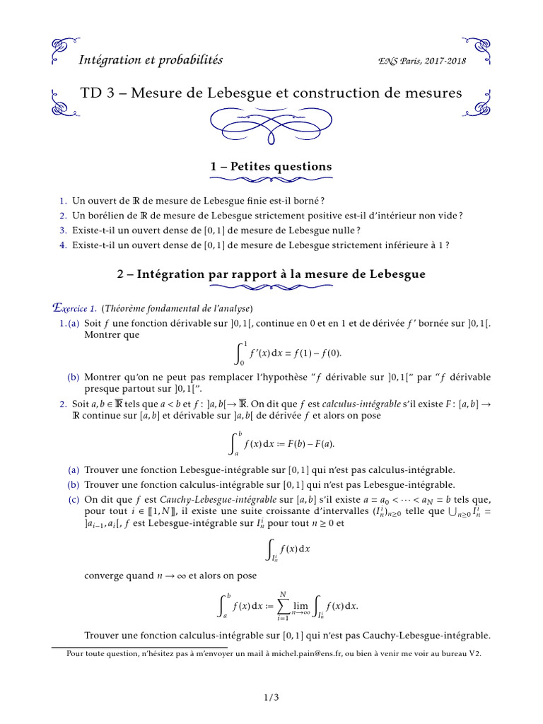 Intégration et Mesure de Lebesgue PDF Intégrale de Lebesgue Intégral — free download