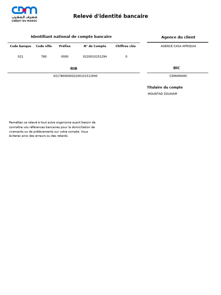 Relevé d'Identité Bancaire RIB | PDF
