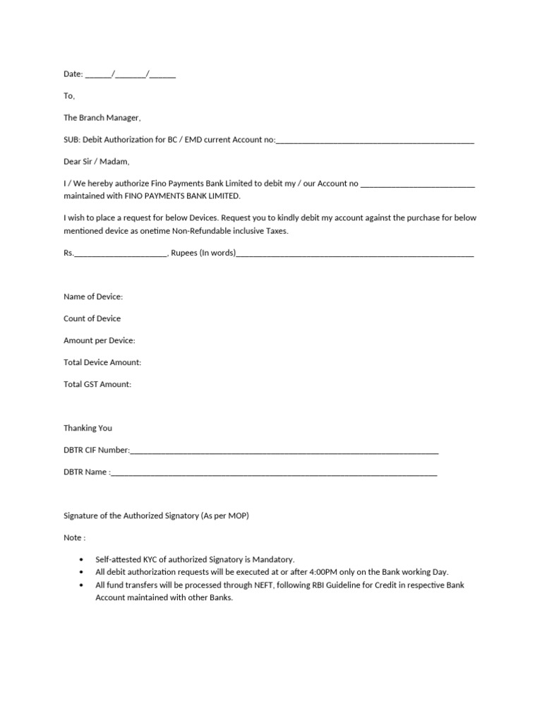 Debit Authorization Letter Format | PDF