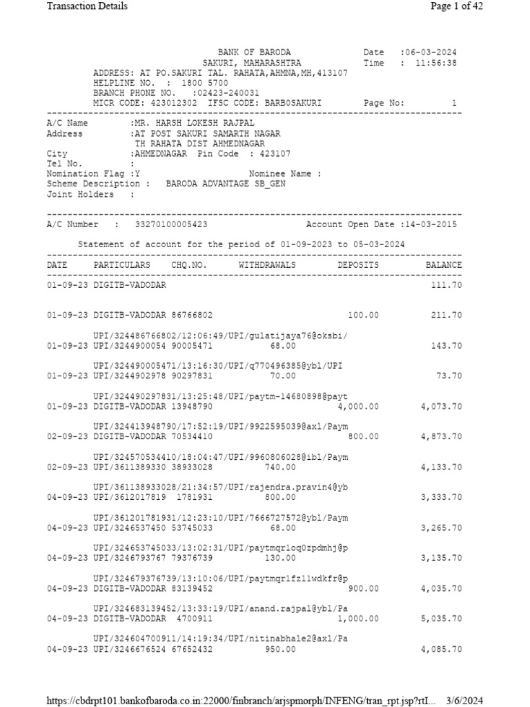 Account Statement: 01-09-2023 to 05-03-2024 | PDF | Cheque | Banks