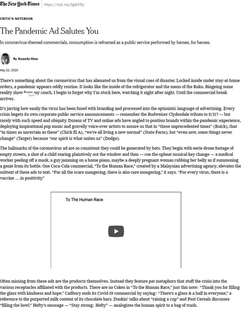 The Pandemic Ad Salutes You - The New York Times | PDF