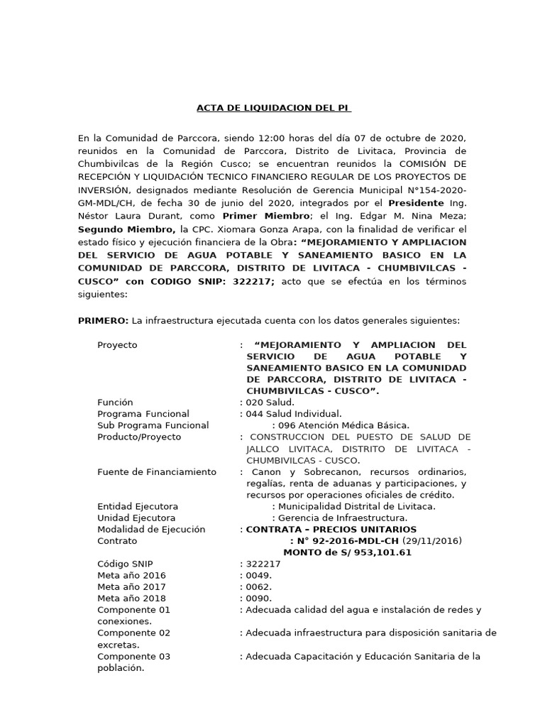 Liquidación Proyecto Agua Parccora | PDF | Hormigón | Tubería ...