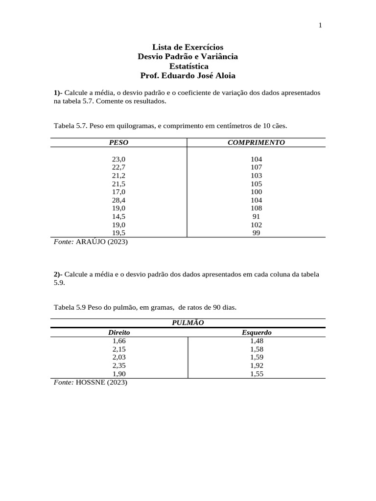 Exercícios de Desvio Padrão e Variância | PDF | Desvio padrão | Variação