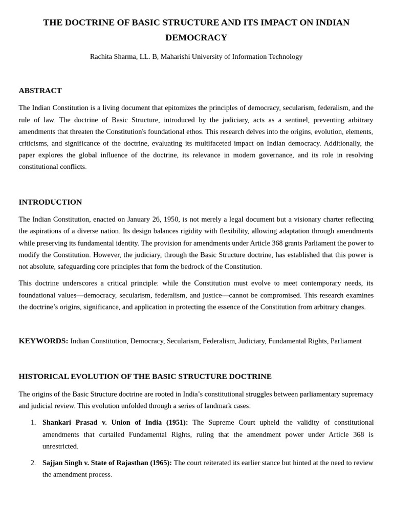 Basic Structure Doctrine in Indian Democracy | PDF | Public Law ...