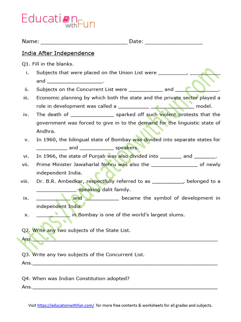India After Independence Worksheet 1 | PDF | Mumbai