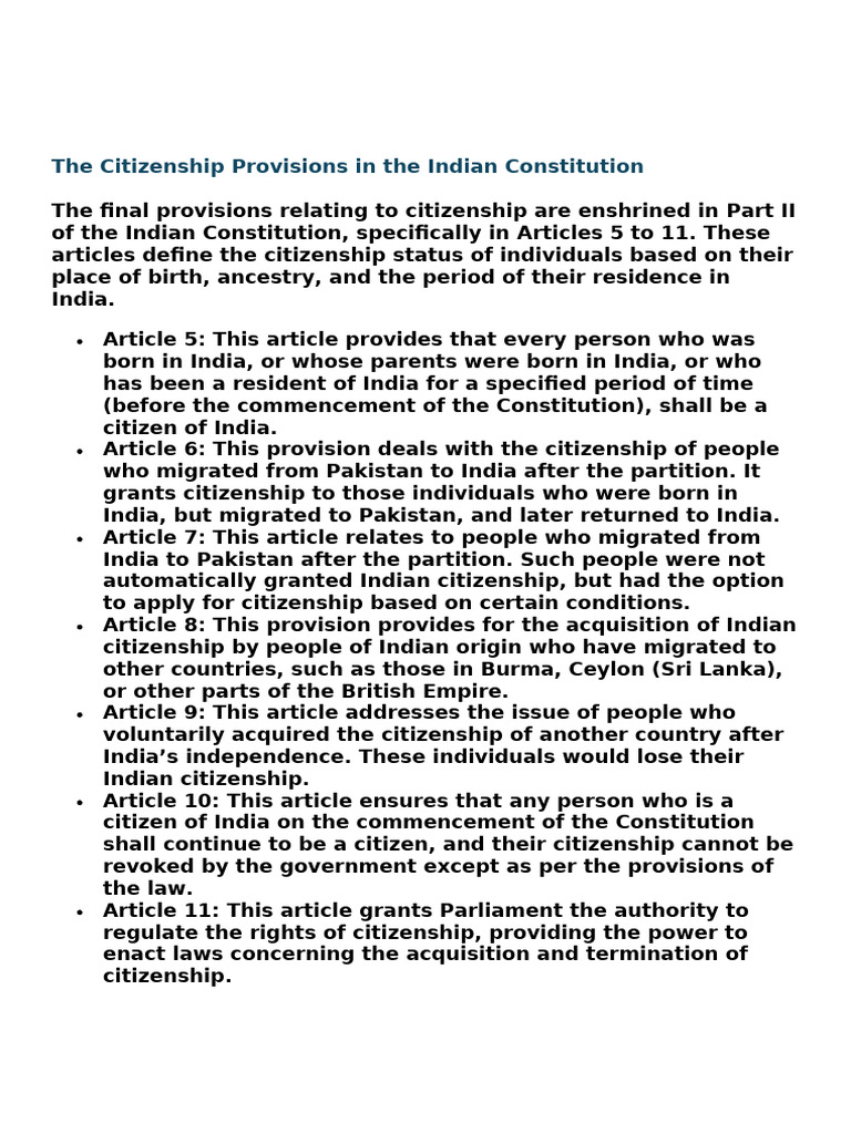 Citizenship Provisions in Indian Constitution | PDF | Naturalization ...