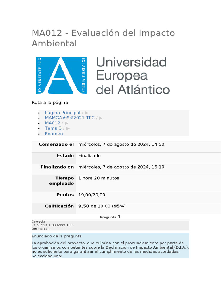 Copia de Examen Evaluación Del Impacto Ambiental | PDF | Evaluación de ...