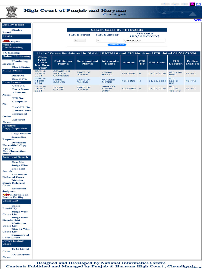 Punjab & Haryana High Court Case Status | PDF | Judiciaries | Public Law