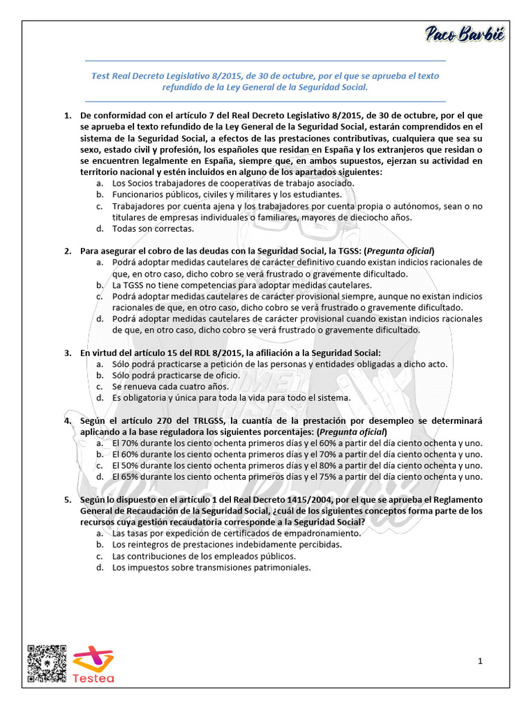 Test Ley General de Seguridad Social 8/2015 | PDF | Parentesco ...