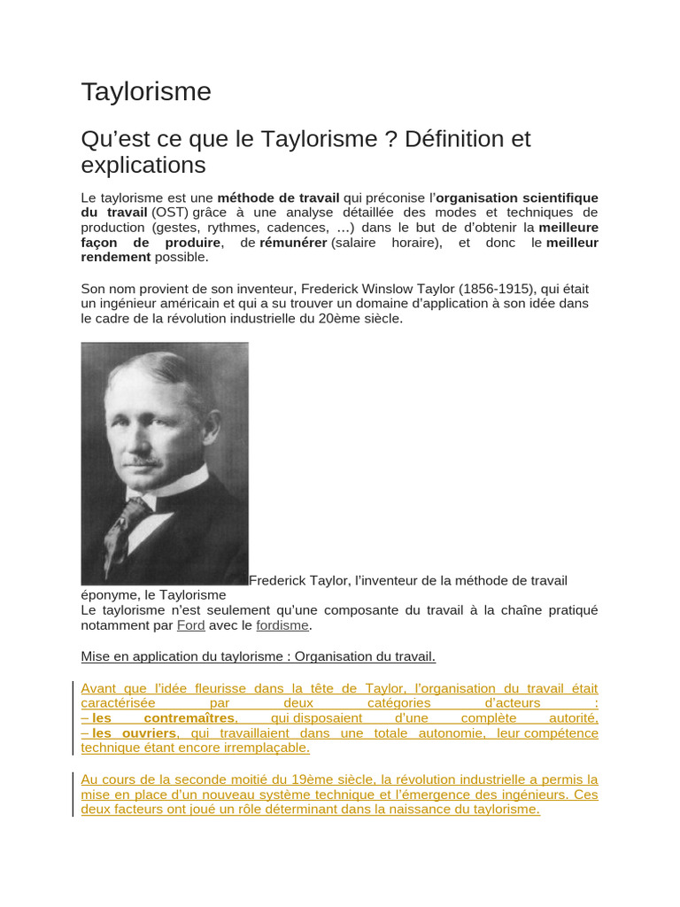 Définition du Taylorisme et ses enjeux | PDF | Économie | Business