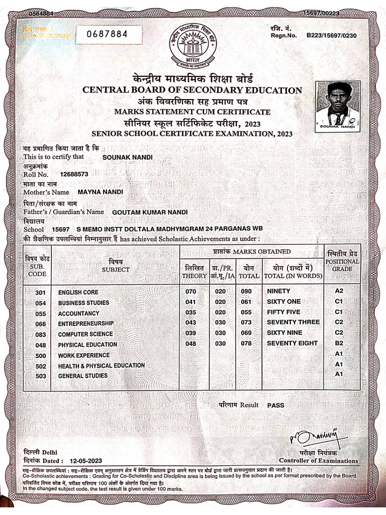 Class Xii Marksheet | PDF