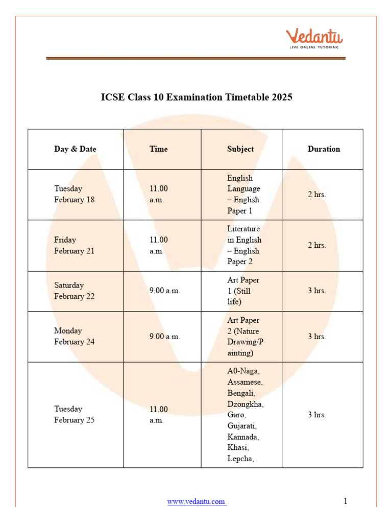 ICSE Class 10 Board Exam Date Sheet (OUT) 2025 PDF Languages Of