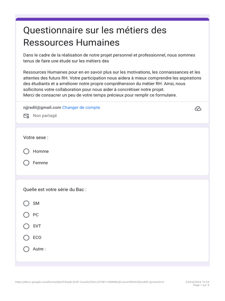 Questionnaire sur les métiers RH | PDF | Gestion des ressources humaines