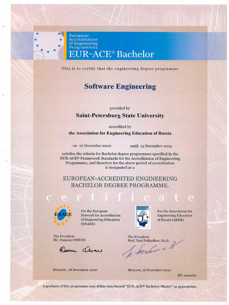 Euro-Ace Bachelor Programmnaya-Inzheneriya Accreditation Certificate | PDF