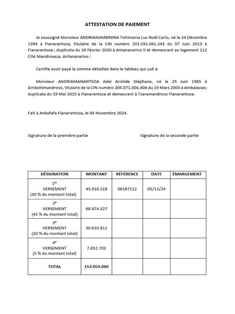 Attestation de paiement à Andriamanantsoa | PDF